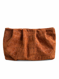 Cognac Croc Embossed Suede Gathered Clutch