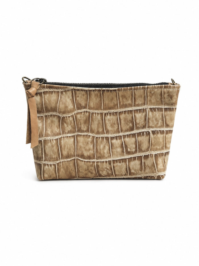 Medium Distressed Tan Croc Leather Pouch