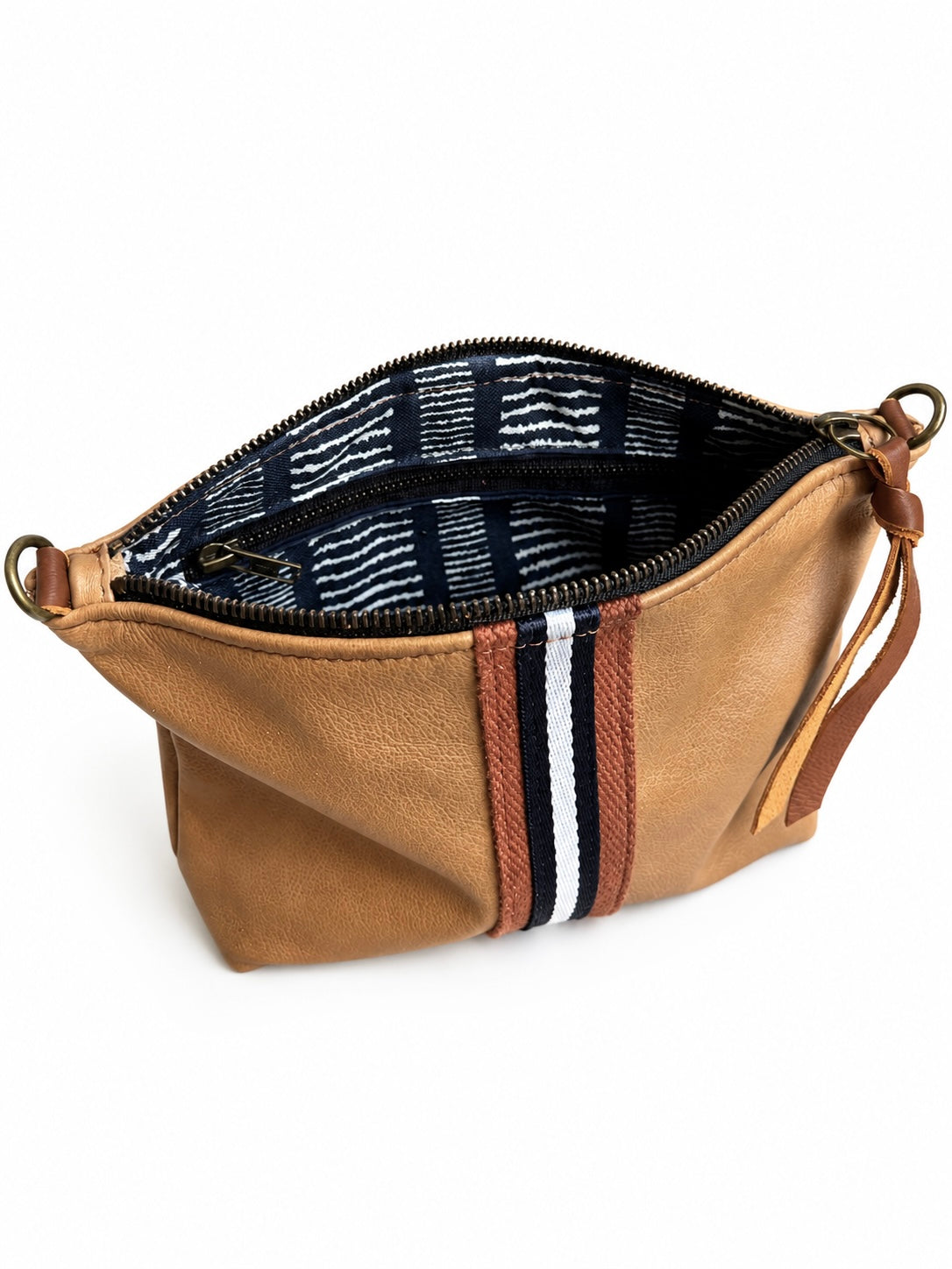 Medium Tan Leather Pouch with Navy/White Stripe