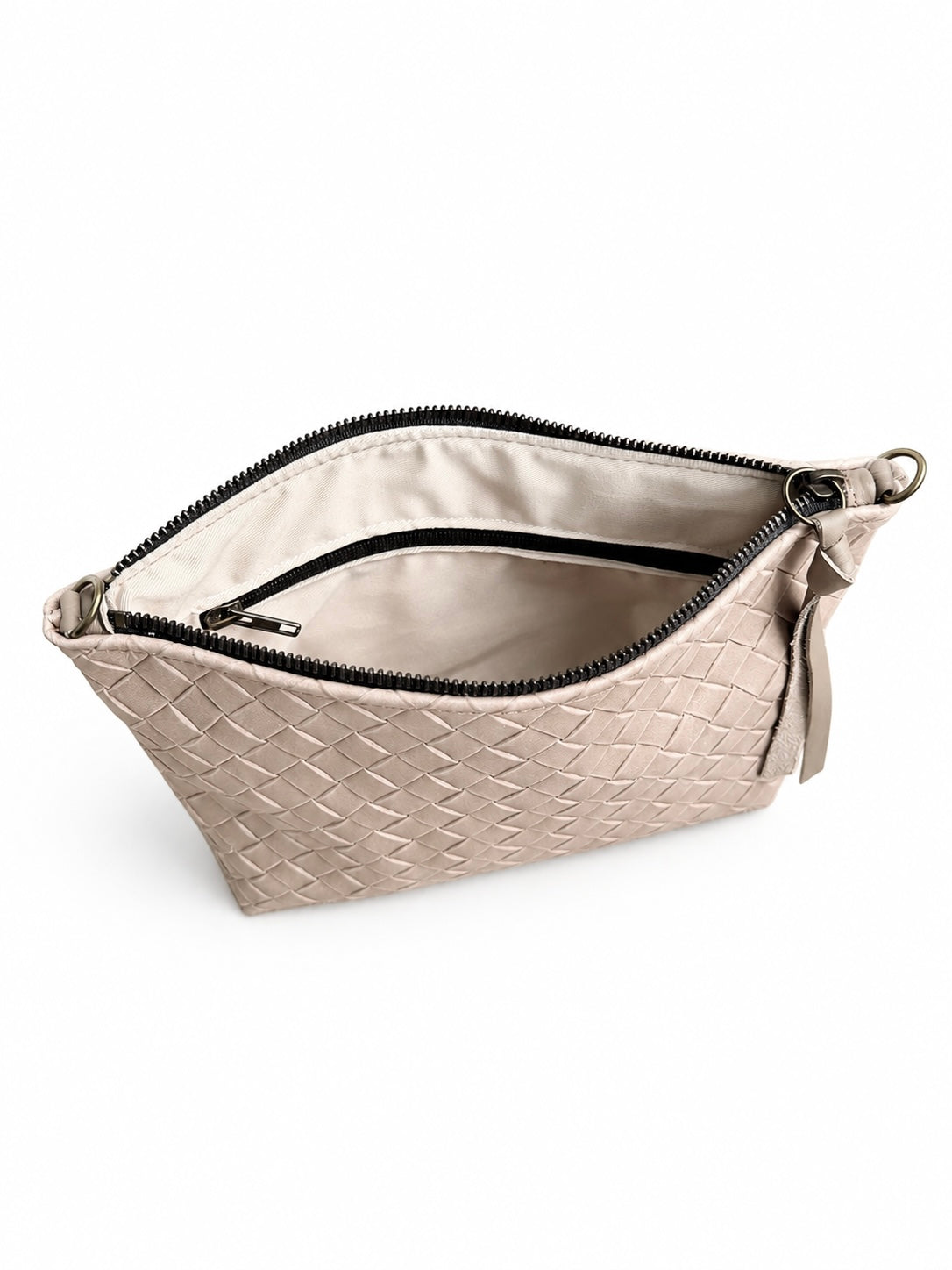 Medium Taupe Basketweave Leather Pouch