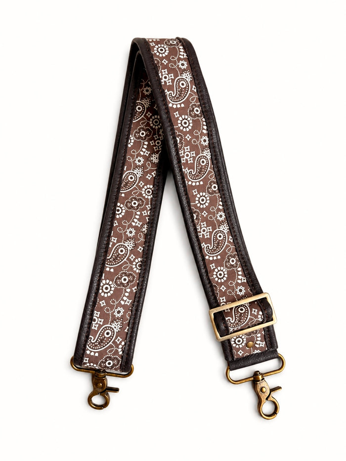 2" Brown Paisley Pattern Fabric and Tan Leather Crossbody Strap