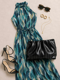 Black and Grey Stripes Snake Print Gathered Leather Clutch