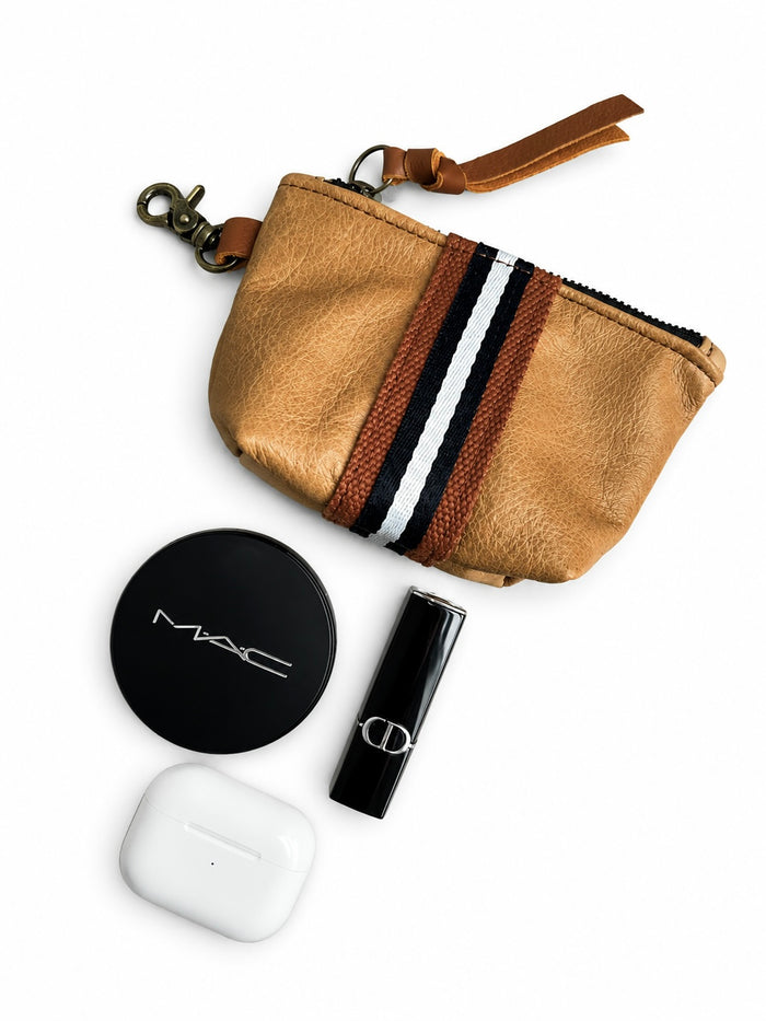 Mini Tan Leather Pouch with Navy/White Stripe