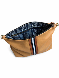 Large Tan Leather Pouch with Navy/White Stripe