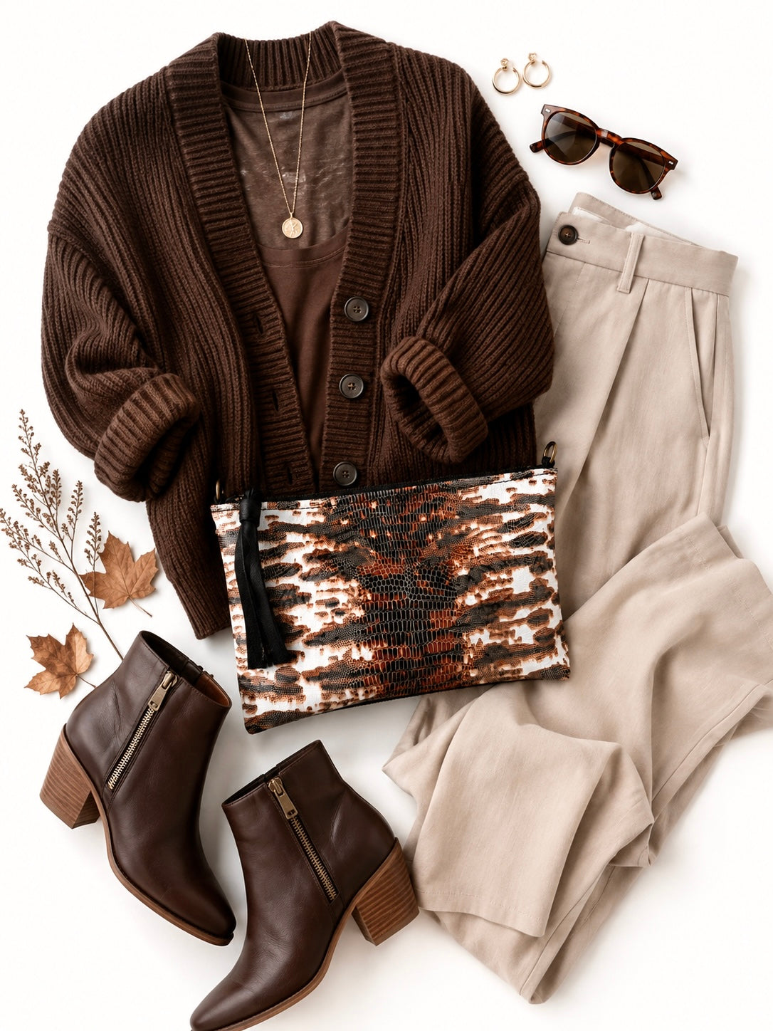 Medium Brown and White Lizard Print Leather Pouch