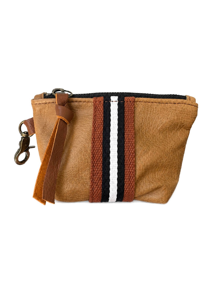 Mini Tan Leather Pouch with Navy/White Stripe
