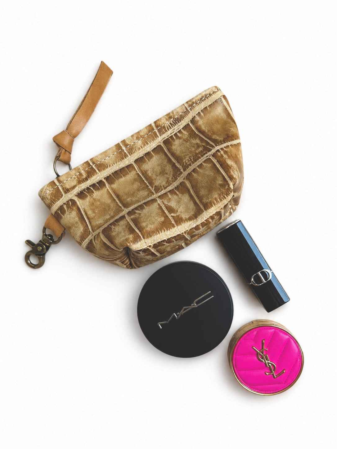 Mini Distressed Tan Croc Leather Pouch