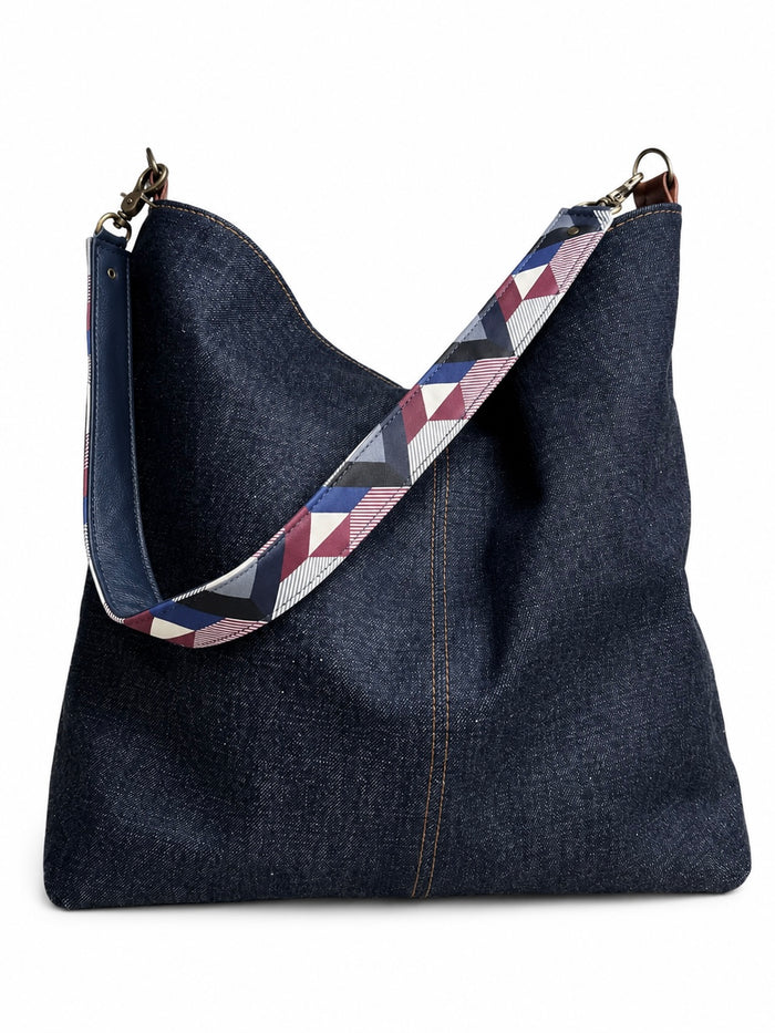 1.5" Blue, Red, and White Geometric Leather Shoulder Strap
