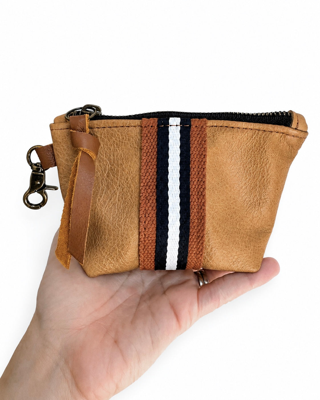 Mini Tan Leather Pouch with Navy/White Stripe