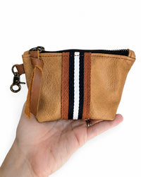 Mini Tan Leather Pouch with Navy/White Stripe