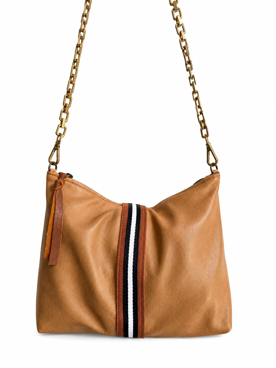 Large Tan Leather Pouch with Navy/White Stripe
