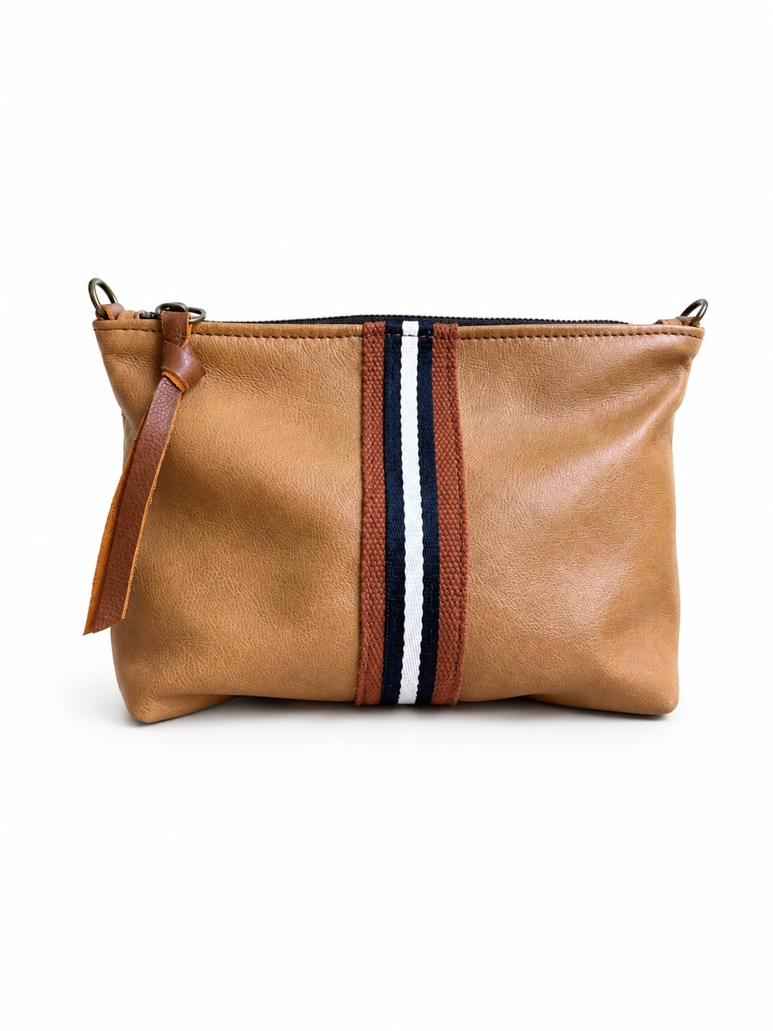 Medium Tan Leather Pouch with Navy/White Stripe