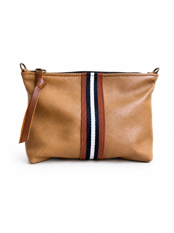Medium Tan Leather Pouch with Navy/White Stripe