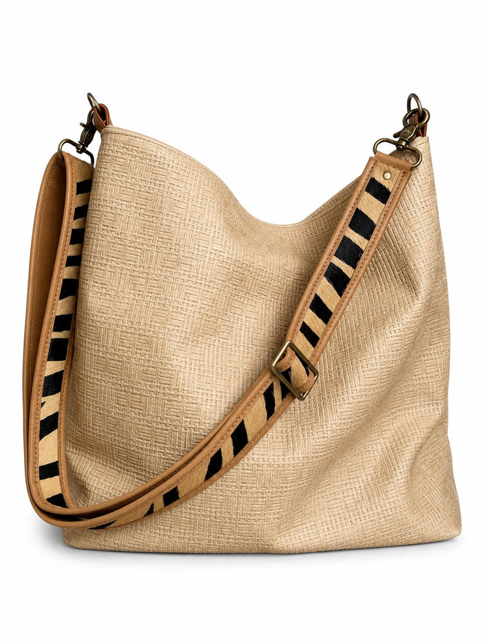 1.5" Tan Leather and Zebra Hair Crossbody Strap