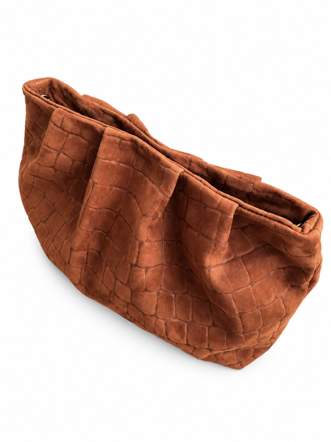 Cognac Croc Embossed Suede Gathered Clutch