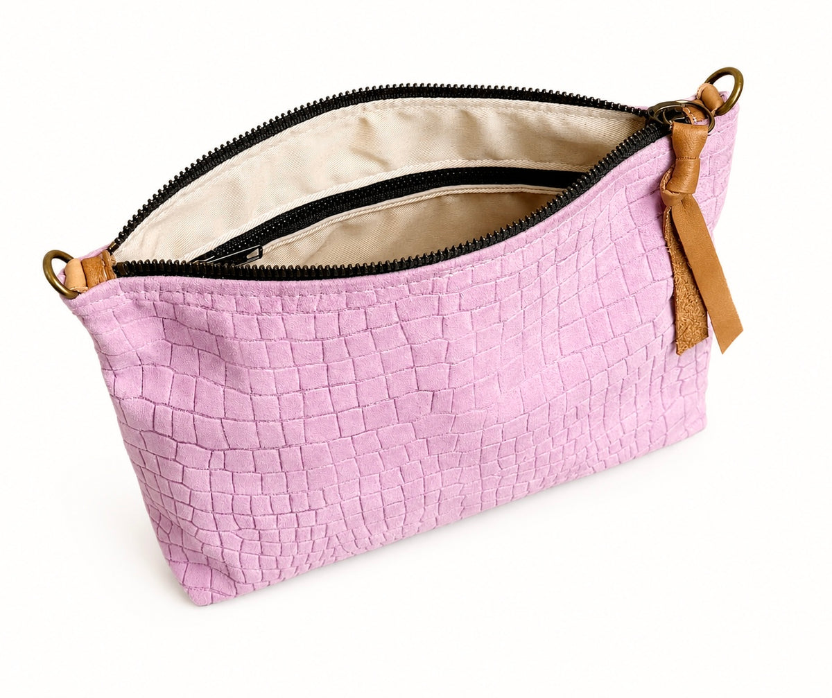 Medium Baby Pink Croc-Embossed Nubuck Leather Pouch