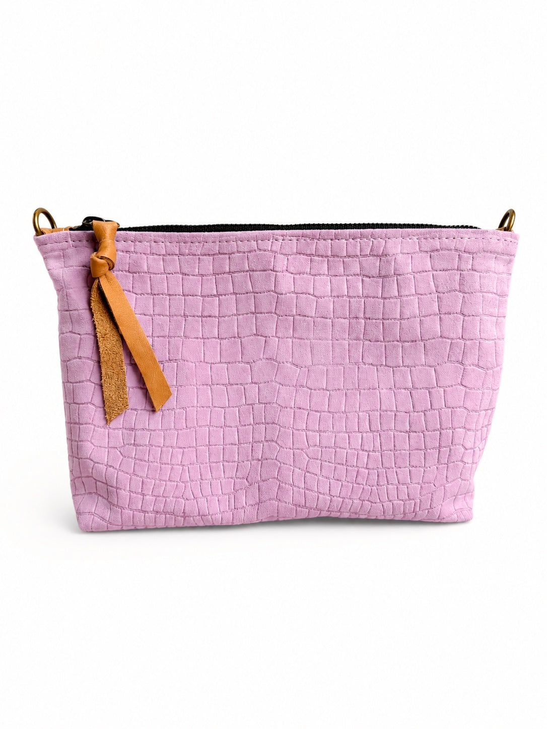Medium Baby Pink Croc-Embossed Nubuck Leather Pouch