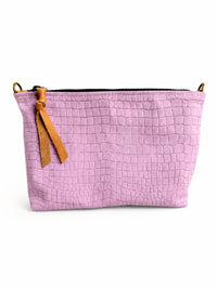 Medium Baby Pink Croc-Embossed Nubuck Leather Pouch