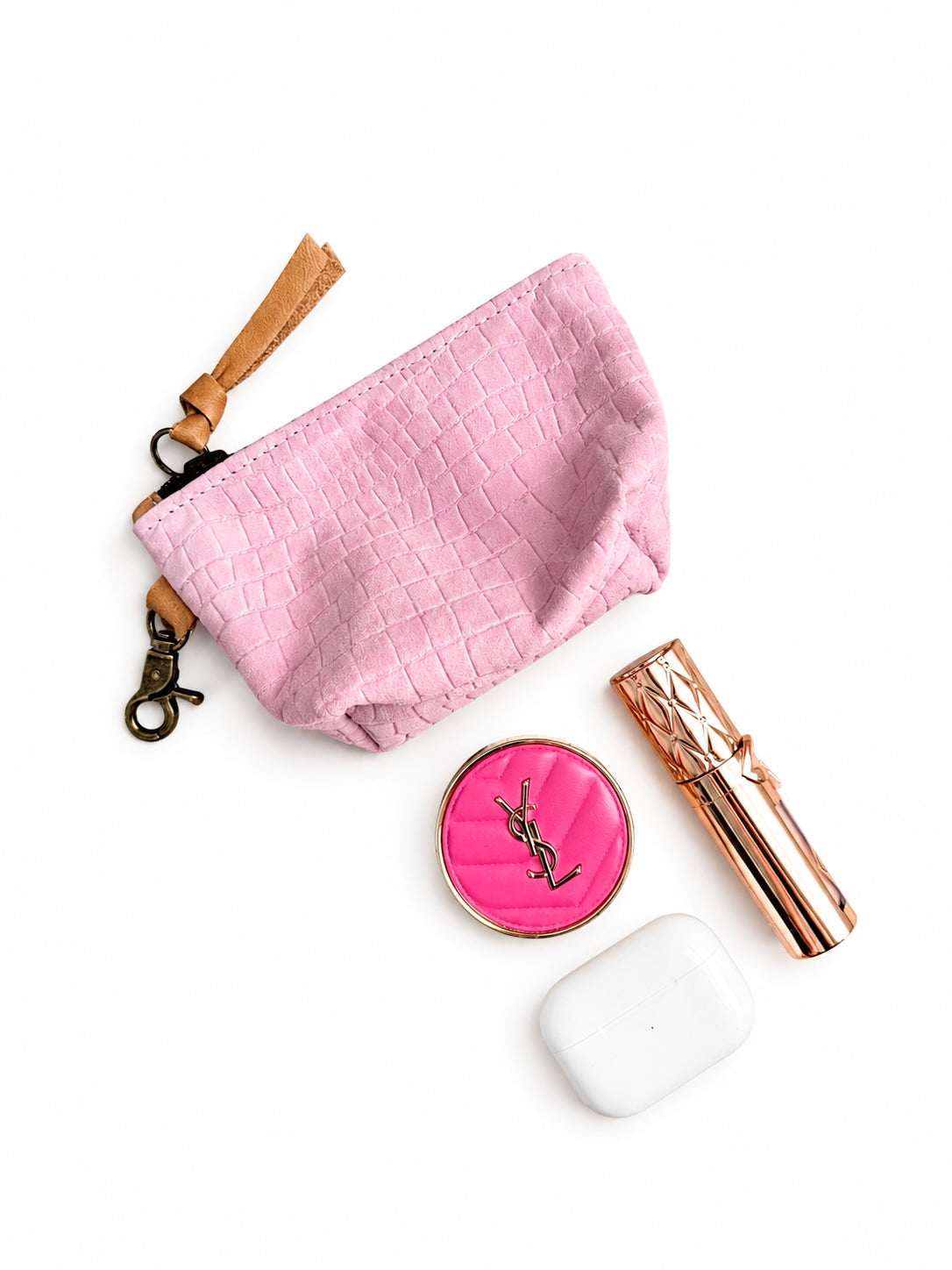 Mini Baby Pink Croc-Embossed Nubuck Leather Pouch