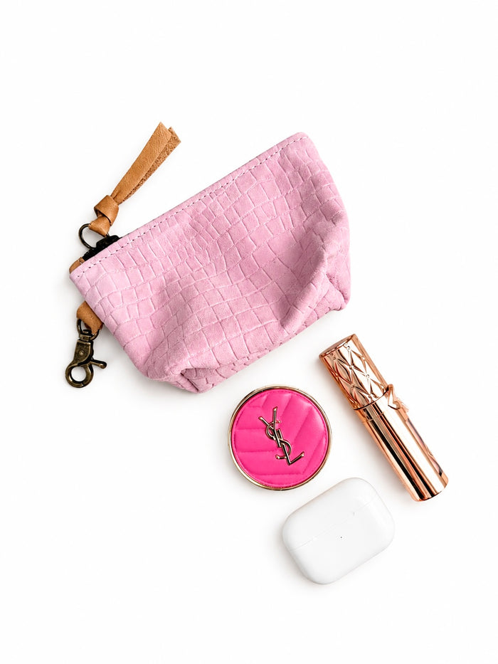 Mini Baby Pink Croc-Embossed Nubuck Leather Pouch