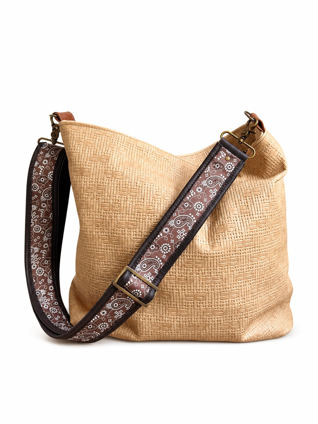 2" Brown Paisley Pattern Fabric and Tan Leather Crossbody Strap