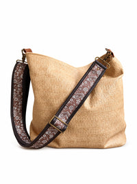 2" Brown Paisley Pattern Fabric and Tan Leather Crossbody Strap