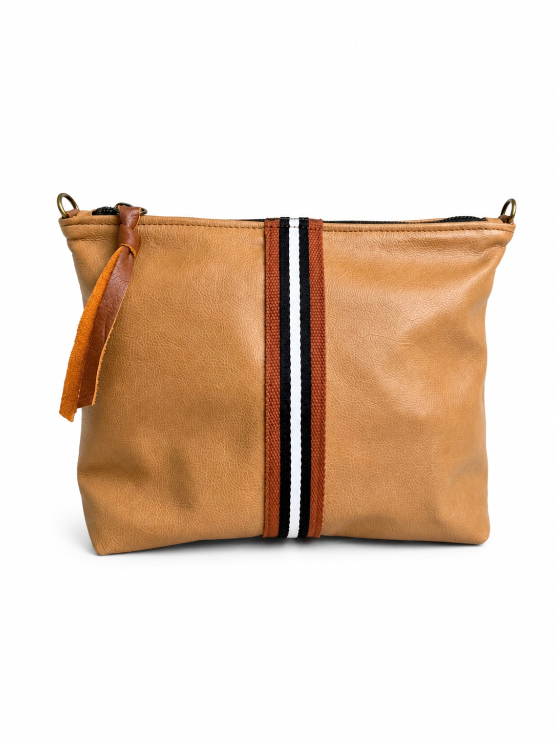 Large Tan Leather Pouch with Navy/White Stripe