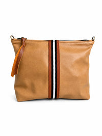 Large Tan Leather Pouch with Navy/White Stripe
