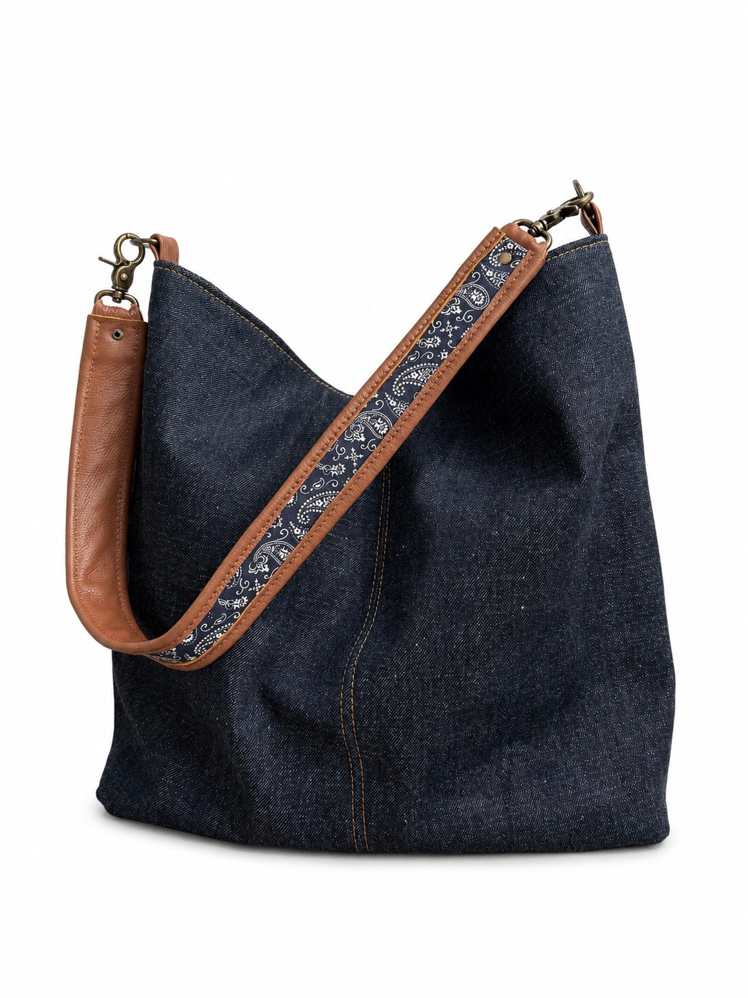 Navy Paisley/Cognac Leather Shoulder Strap