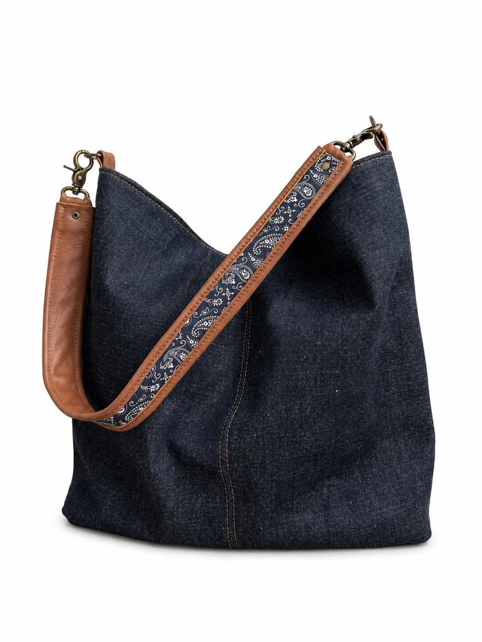 Navy Paisley/Cognac Leather Shoulder Strap