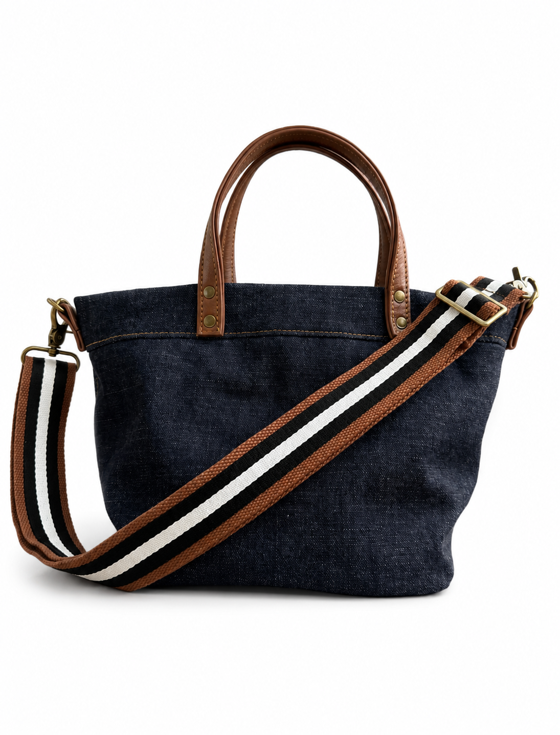 1.5" Cognac Canvas and Navy and White Stripe Crossbody Strap