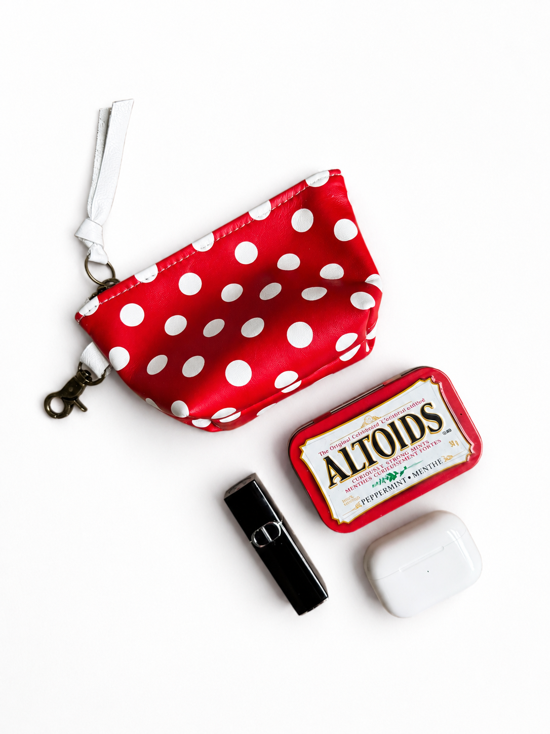 Red Leather with White Polka Dots Mini Pouch