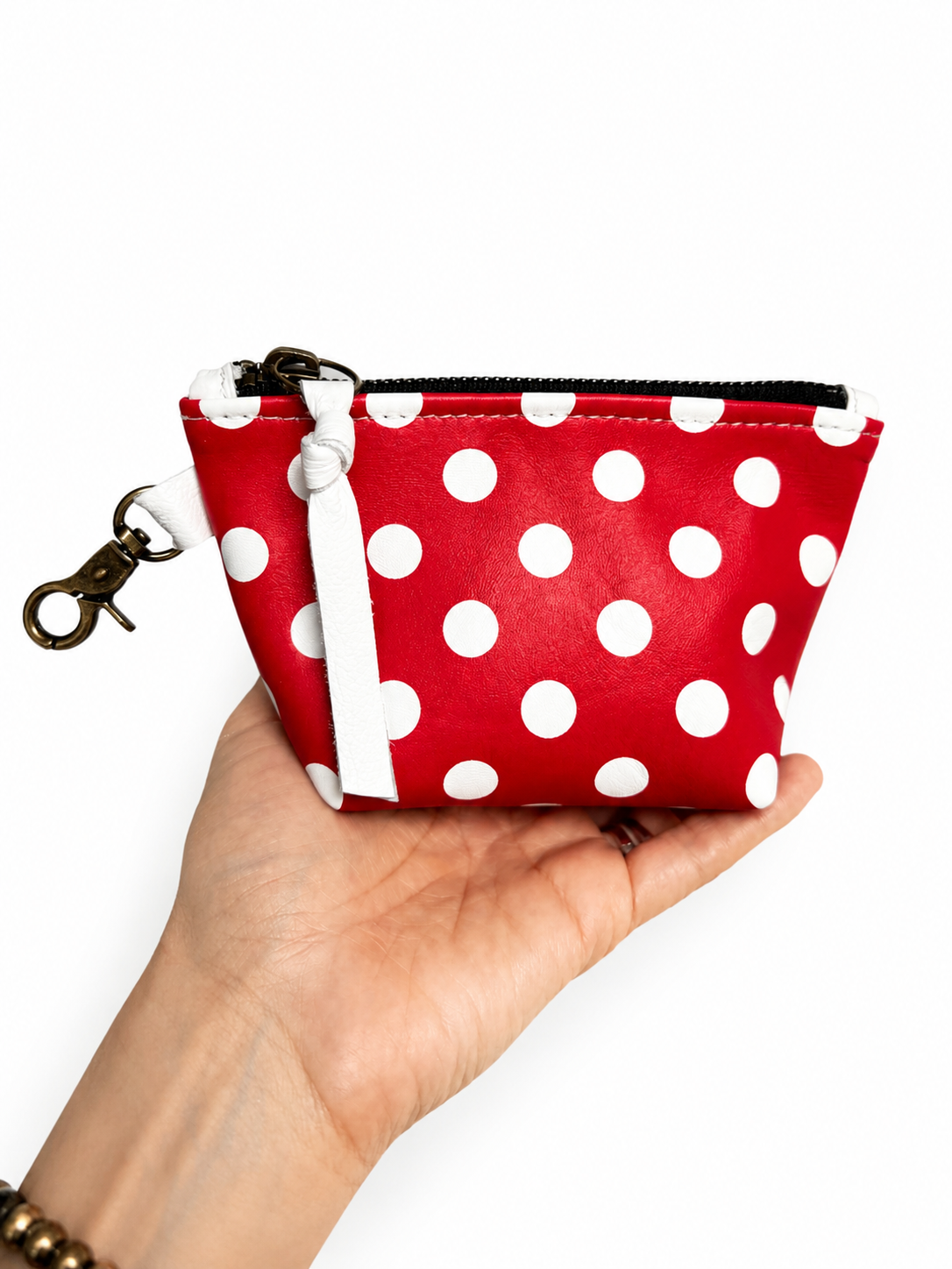Red Leather with White Polka Dots Mini Pouch