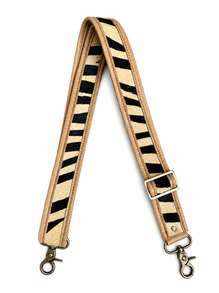 1.5" Tan Leather and Zebra Hair Crossbody Strap