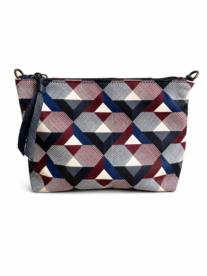 Navy Geometric Pattern Leather Pouch
