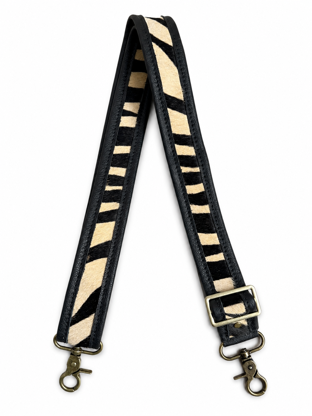 1.5" Black Leather and Zebra Hair Crossbody Strap