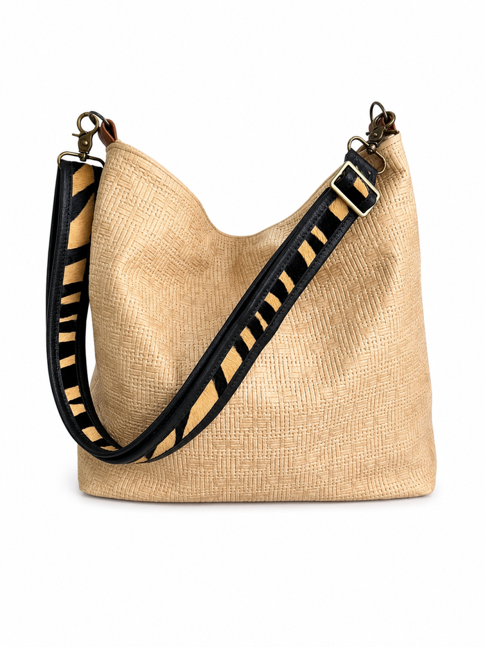 1.5" Black Leather and Zebra Hair Crossbody Strap