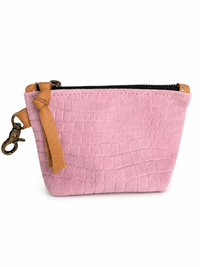 Mini Baby Pink Croc-Embossed Nubuck Leather Pouch