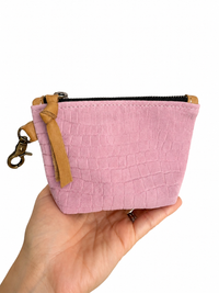 Mini Baby Pink Croc-Embossed Nubuck Leather Pouch