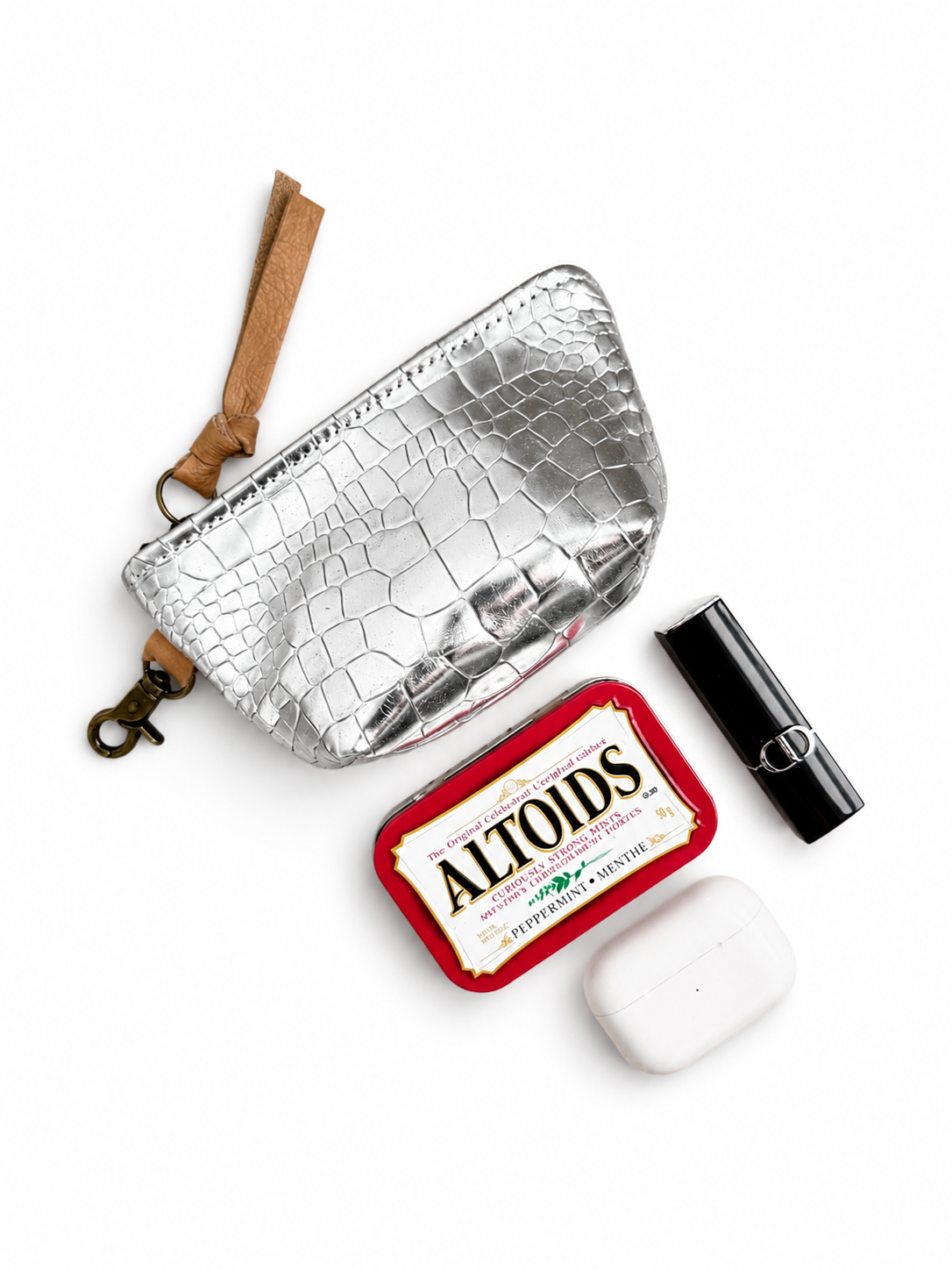 Mini Metallic Silver Croc-Embossed Leather Pouch