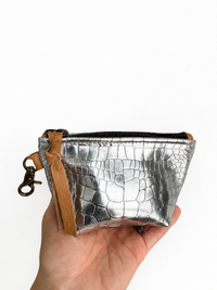 Mini Metallic Silver Croc-Embossed Leather Pouch
