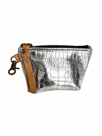 Mini Metallic Silver Croc-Embossed Leather Pouch