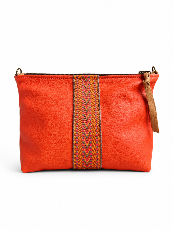 Medium Orange Leather Pouch with Multicolour Woven Centre Stripe