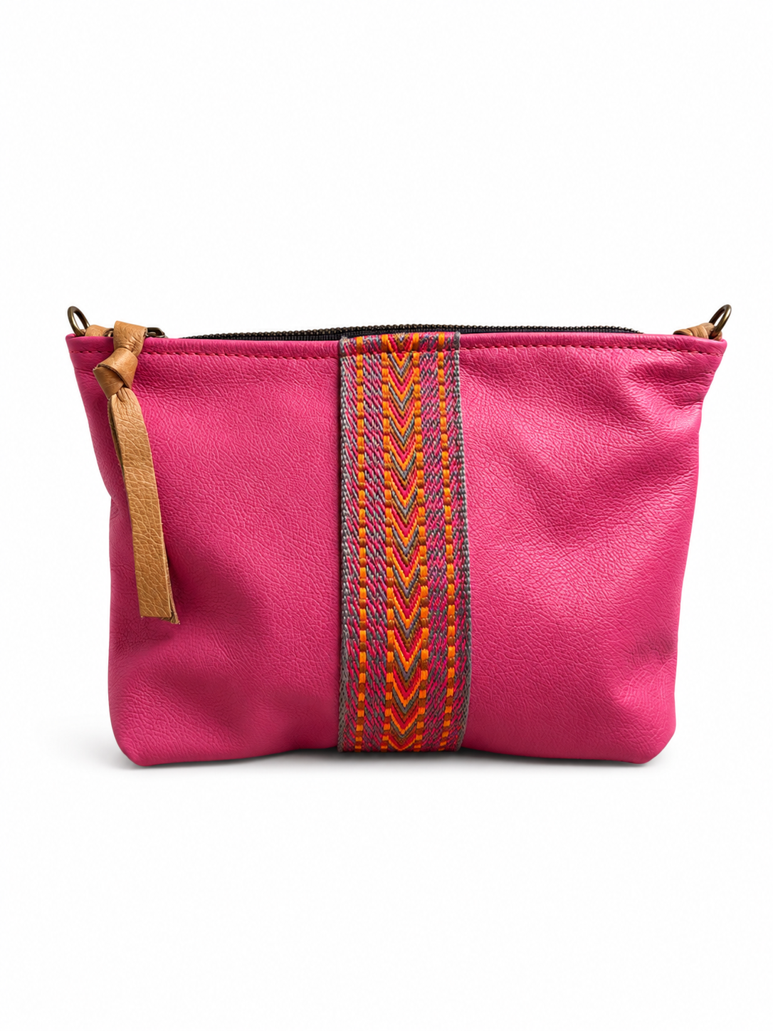 Medium Pink Leather Pouch with Multicolour Woven Centre Stripe