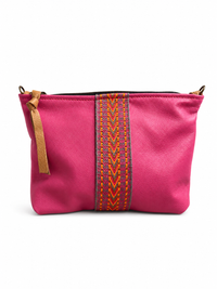 Medium Pink Leather Pouch with Multicolour Woven Centre Stripe