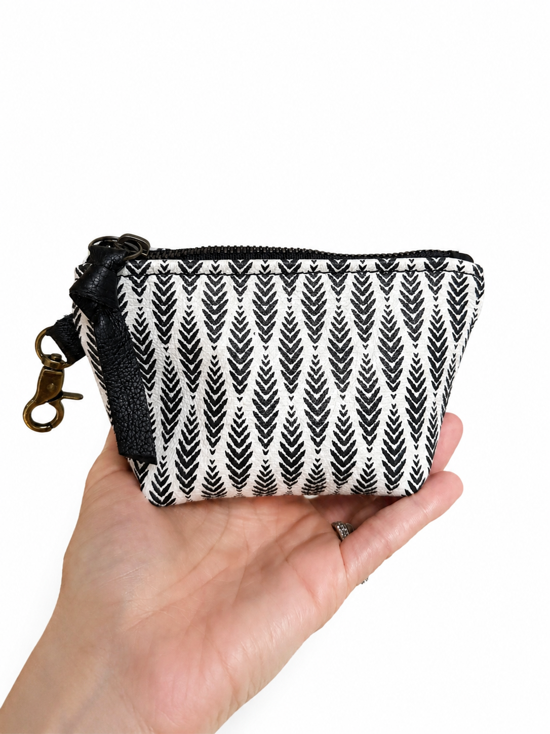 Mini White Leather Pouch with Black Chevron Print