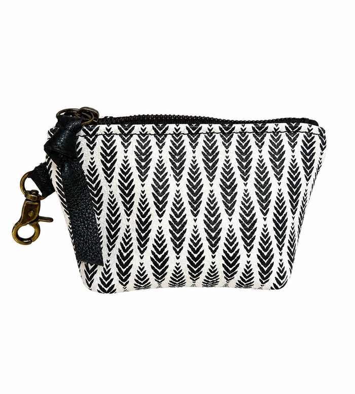 Mini White Leather Pouch with Black Chevron Print