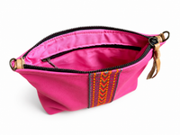 Medium Pink Leather Pouch with Multicolour Woven Centre Stripe