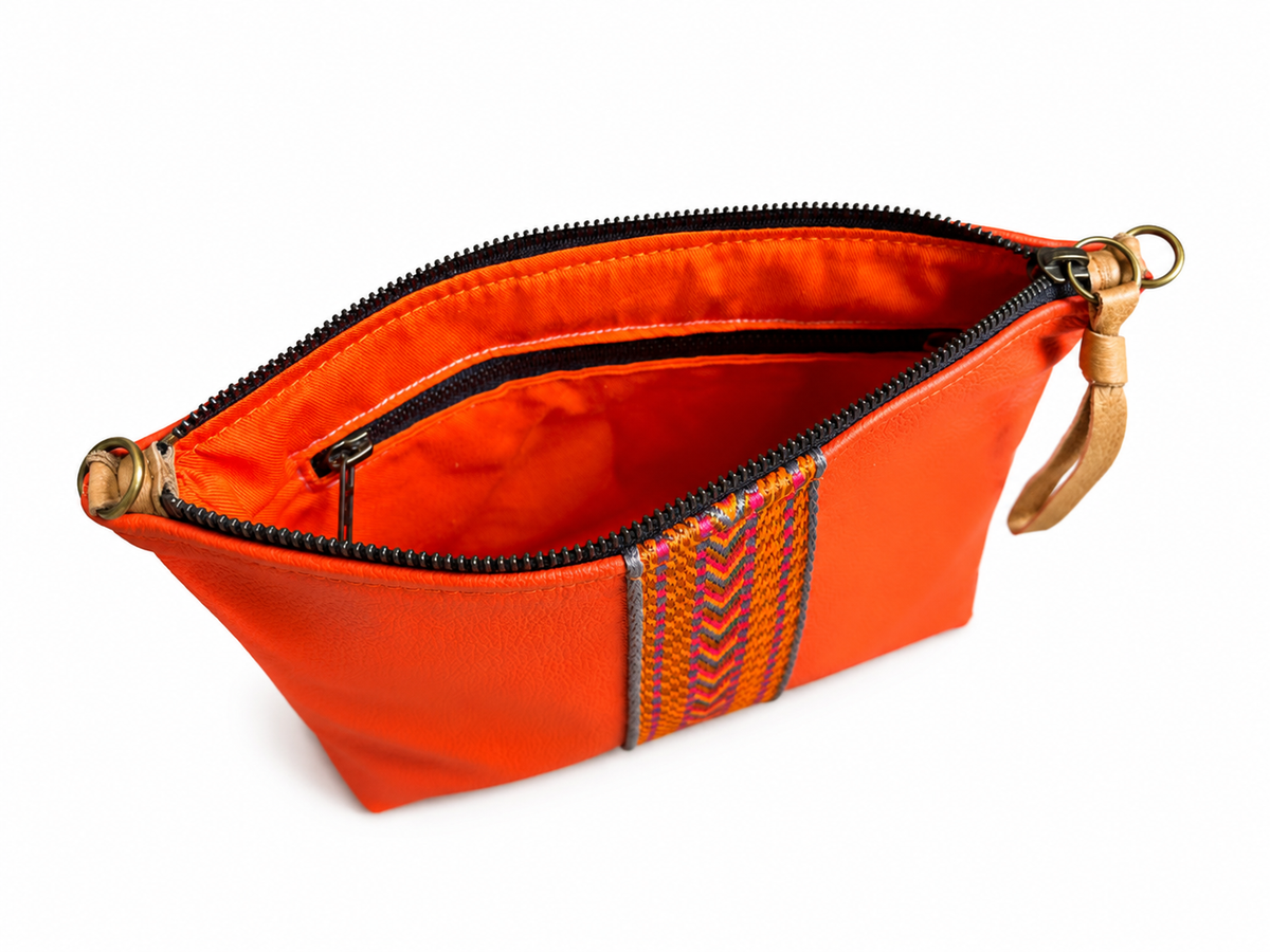 Medium Orange Leather Pouch with Multicolour Woven Centre Stripe