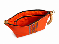 Medium Orange Leather Pouch with Multicolour Woven Centre Stripe